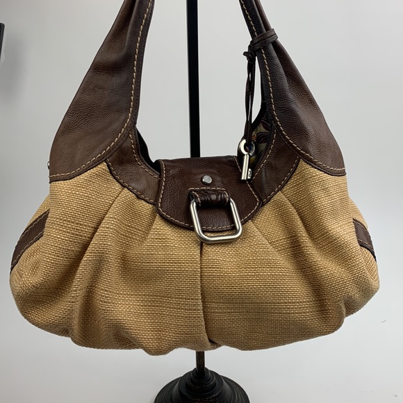 Fossil Hobo Tweed Leather Bag Light Dark Brown Floral Lining silver buckle - Picture 1 of 16